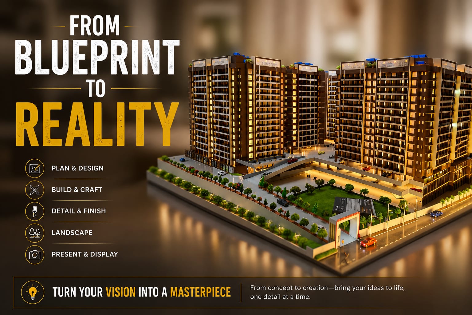 Detailed architectural scale model of a residential complex showing the complete project development process from blueprint to reality
