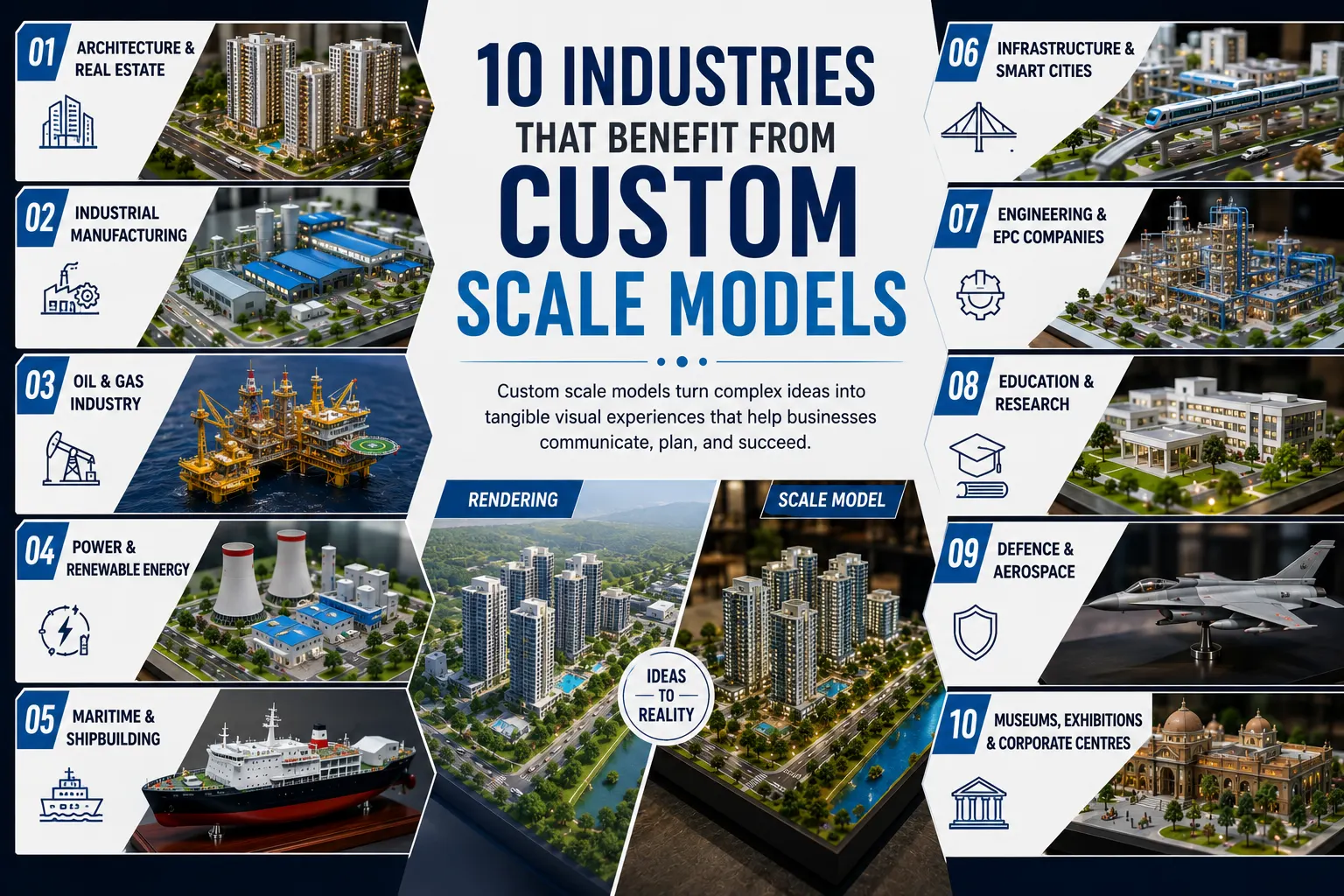 Infographic showing 10 industries that benefit from custom scale models for project visualization